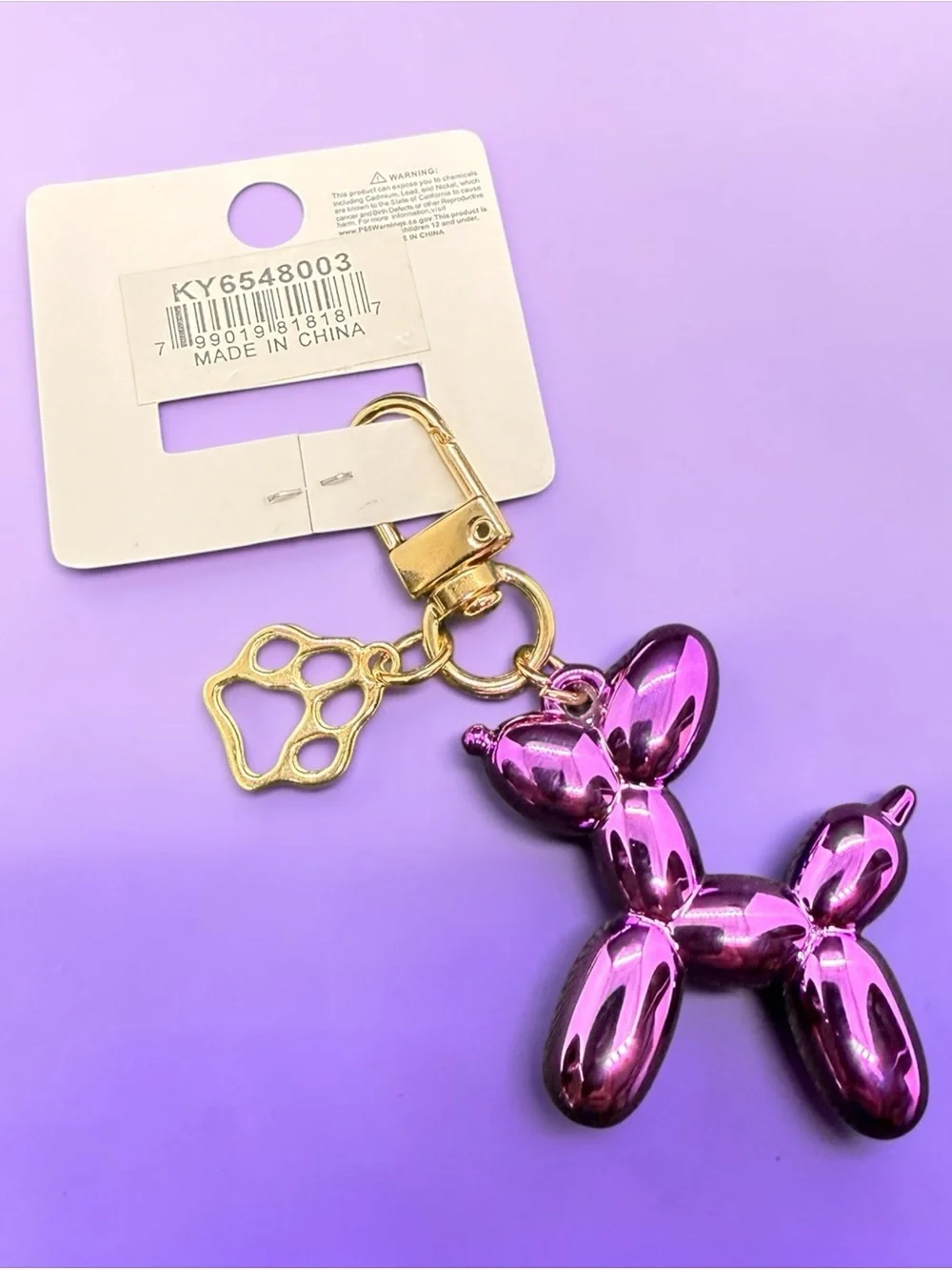 💜Linda New York💜Metallic Purple Balloon Dog Keychain w/Paw Print Charm/NIP
